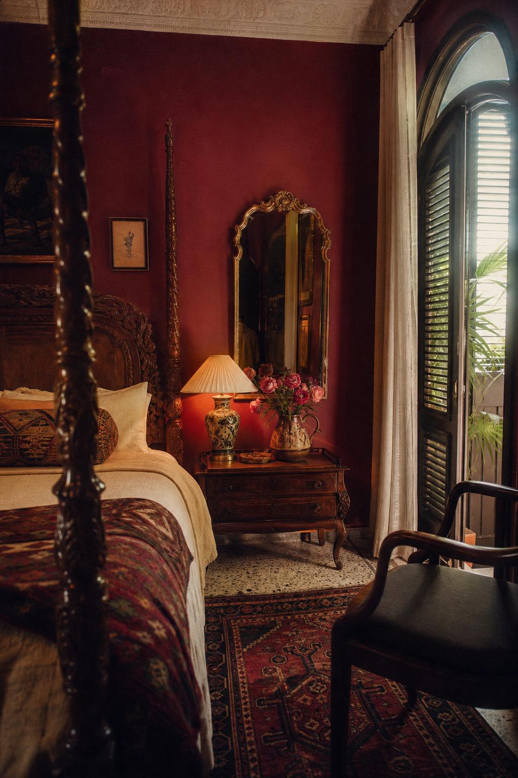 Moody bohemian-grandeur guest room interior at Esme Miami Beach with oxblood walls, antique carved four-poster bed, brass mirror and layered Moroccan textiles
